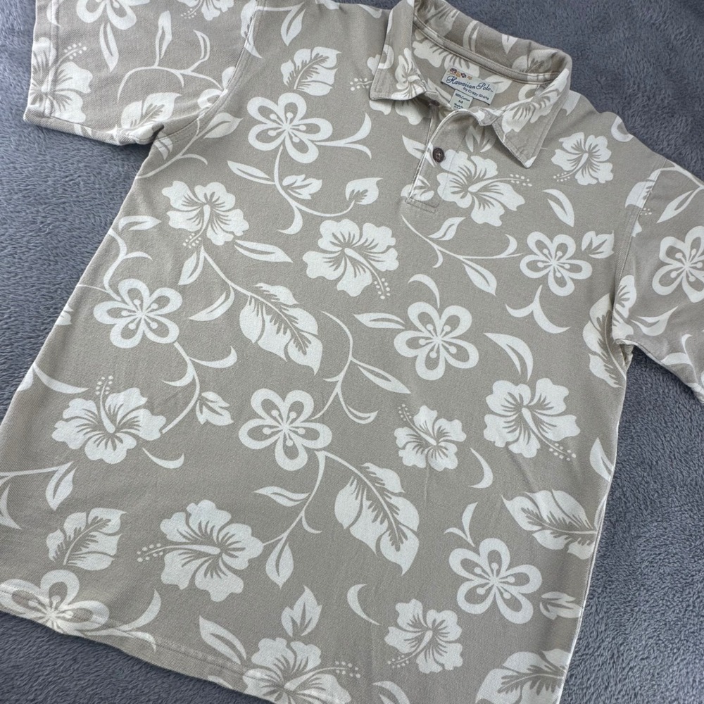 Crazy Shirts Hawaiian Polo Mens M Tan Floral Hibiscus Short Sleeve USA Excellent